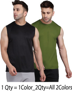 UDI n ADI Solid Men Round Neck Black, Dark Green T-Shirt