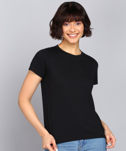 Adyavastram Solid Women Round Neck Black T-Shirt