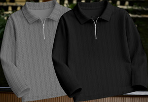 KAJARU Self Design Men Zip Neck Grey, Black T-Shirt