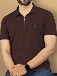 VeBNoR Solid Men Zip Neck Brown T-Shirt