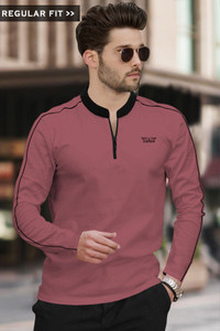 TRIPR Solid Men Mandarin Collar Purple, Black T-Shirt