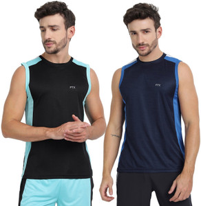 FTX Solid Men Round Neck Dark Blue, Black T-Shirt