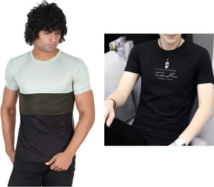 Meetri Printed Men Round Neck Light Green, Black T-Shirt