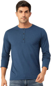 LazyChunks Solid Men Henley Neck Navy Blue T-Shirt