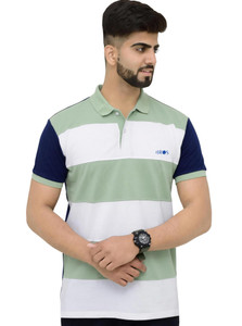3BROS Striped Men Polo Neck Light Green T-Shirt