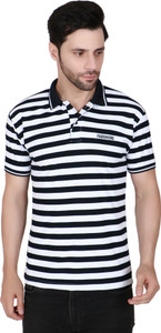 Newsingh Striped Men Polo Neck Multicolor, Black, White T-Shirt