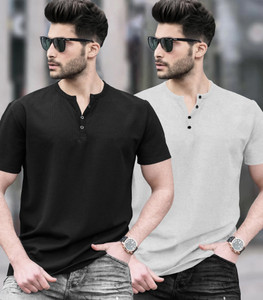 TRIPR Solid Men Henley Neck Black, Grey T-Shirt