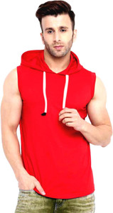 LOMOVAS Solid Men Hooded Neck Red T-Shirt