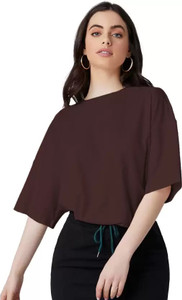 Leotude Solid Women Round Neck Brown T-Shirt