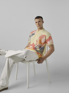 MUFTI Floral Print Men Polo Neck Yellow T-Shirt