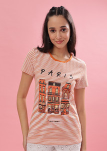 Dollar Printed, Striped Women Round Neck Orange, White T-Shirt