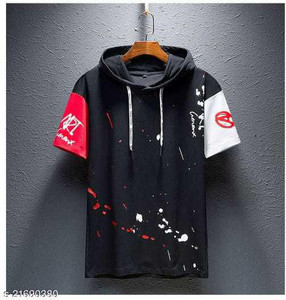 AVEJO Printed Men Hooded Neck Black T-Shirt