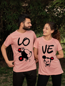 DEE LEAF Printed Couple Round Neck Pink T-Shirt