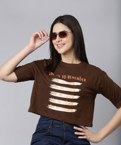 Kryptic Typography Women Round Neck Brown T-Shirt