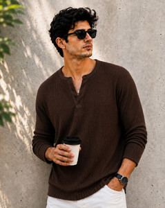 AOOSH Men Henley Neck Brown T-Shirt - Image 1