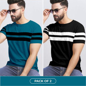 AUSK Striped Men Round Neck Dark Blue, Black, White T-Shirt
