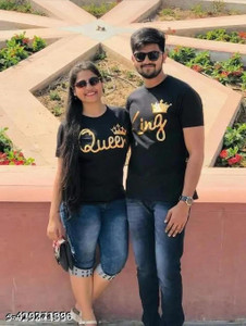 dione fashion Colorblock Couple Round Neck Black T-Shirt