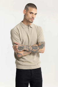 Snitch Self Design Men Polo Neck Beige T-Shirt