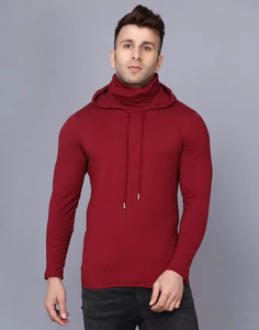 URE Enterprises Solid Men Hooded Neck Maroon T-Shirt