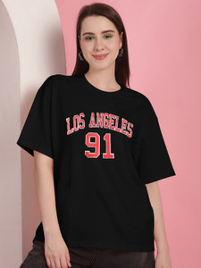 NATRIS Printed Women Round Neck Black T-Shirt