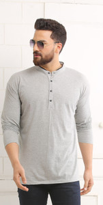 SCATCHITE Solid Men Mandarin Collar Grey T-Shirt