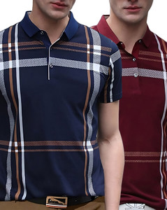 AUSK Checkered Men Polo Neck Dark Blue, White T-Shirt