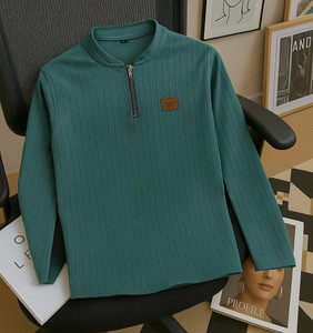 PRAIZY Striped Men Mandarin Collar Blue T-Shirt