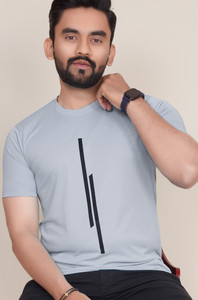 KAJARU Striped Men Round Neck Grey T-Shirt