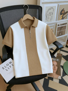 Try This Colorblock Men Polo Neck Brown, White T-Shirt
