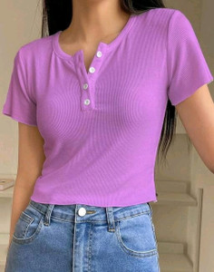 AMREGE Solid Women Henley Neck Purple T-Shirt