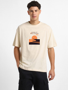 NOBERO Graphic Print Men Crew Neck Beige T-Shirt