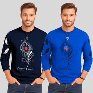 ATLANS Printed Men Round Neck Navy Blue, Dark Blue T-Shirt