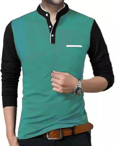 PSDESIGN Colorblock Men Mandarin Collar Multicolor T-Shirt