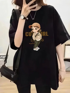 Calm Down Cartoon Women Round Neck Black T-Shirt