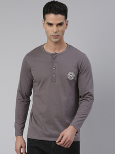 METRONAUT Solid Men Henley Neck Grey T-Shirt