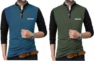 Vescor Design Solid Men Mandarin Collar Blue, Dark Green T-Shirt