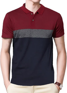 Leotude Colorblock Men Polo Neck Maroon T-Shirt