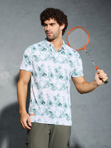 TECHNOSPORT Printed Men Polo Neck Light Green, White T-Shirt