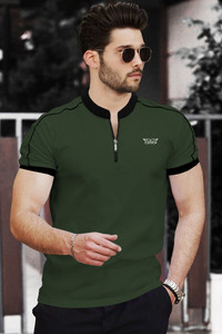 TRIPR Solid Men Mandarin Collar Dark Green, Black T-Shirt
