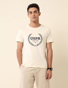 U.S. POLO ASSN. Printed Men Round Neck Beige T-Shirt