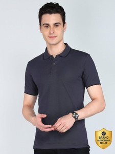 PETER ENGLAND Solid Men Polo Neck Grey T-Shirt