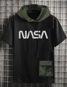 LEWEL Typography, Colorblock Men Hooded Neck Black, Dark Green T-Shirt