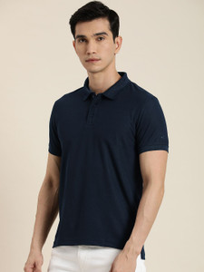 ether Solid Men Polo Neck Navy Blue T-Shirt