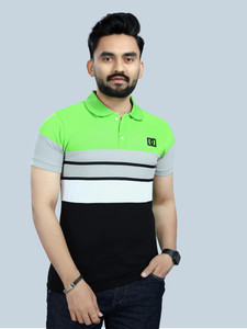 m2w Striped Men Polo Neck Light Green T-Shirt
