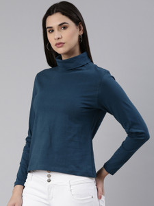 Kryptic Solid Women High Neck Blue T-Shirt