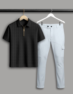 COMBRAIDED Self Design Men Polo Neck Black, Grey T-Shirt