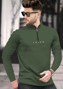 TRIPR Solid Men Henley Neck Dark Green T-Shirt