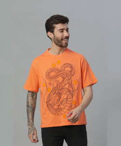 Free Authority Graphic Print Men Round Neck Orange T-Shirt