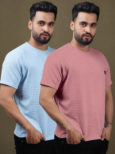 Yazole Solid Men Round Neck Light Blue, Pink T-Shirt