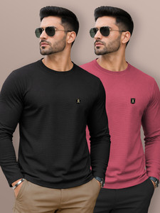 VeBNoR Self Design Men Round Neck Black, Pink T-Shirt